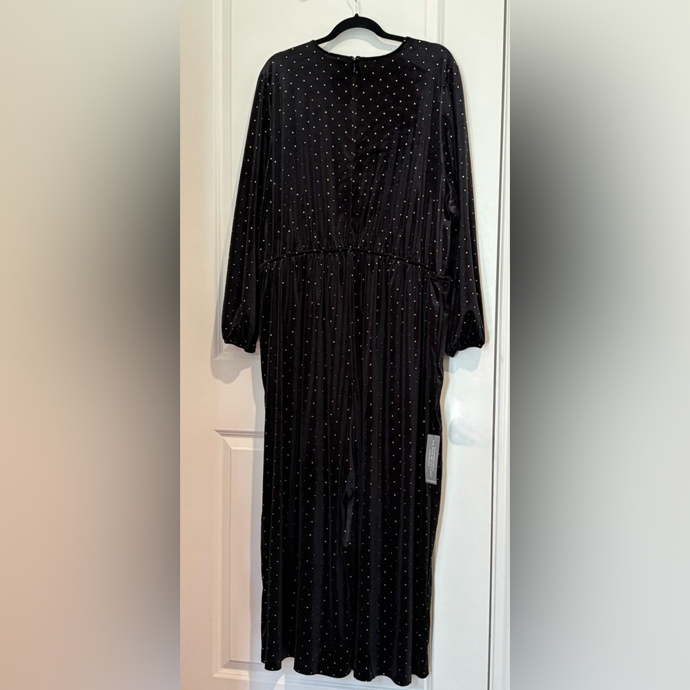 Lane Bryant Embellished Black Velvet & Gold Studded Shirred-Shoulder Jumpsuit - Picture 5 of 7